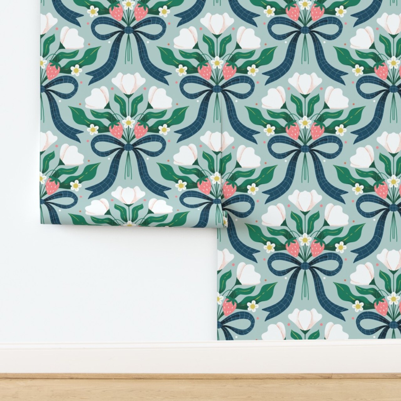 Preppy Floral Light Blue Dark White Green Pink Damask Custom Removable Wallpaper by Spoonflower Peel & Stick Wallpaper 2FT Wide